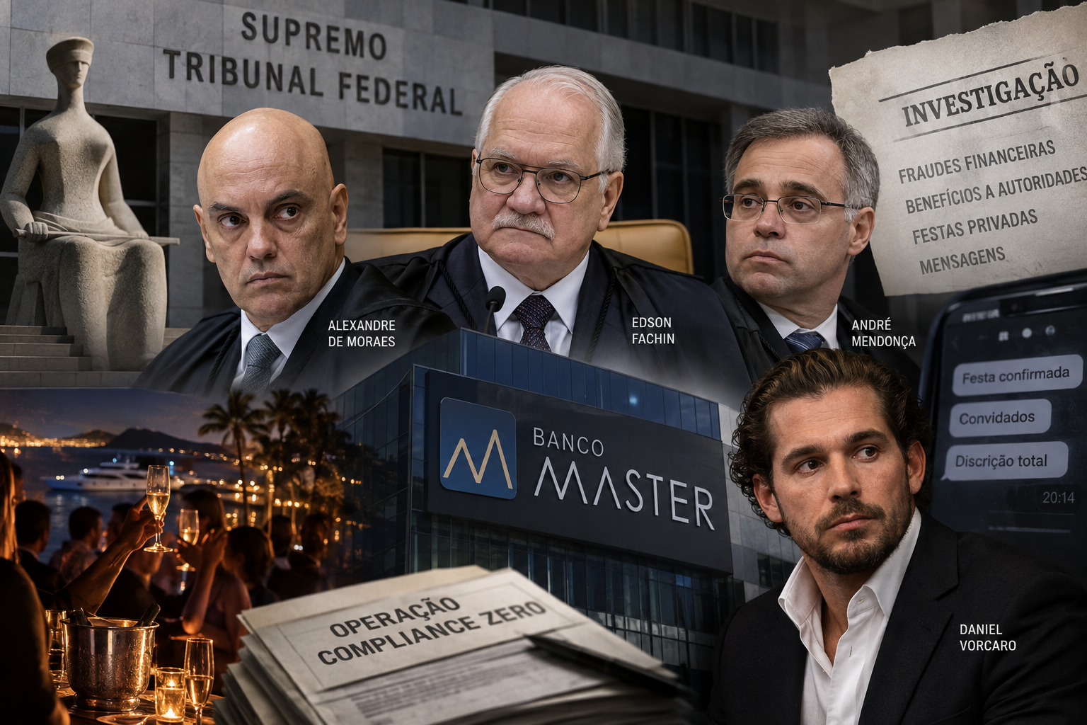 Ilustração sobre o caso Banco Master reúne referências ao STF, ministros do Supremo, Daniel Vorcaro, documentos de investigação e festas privadas.