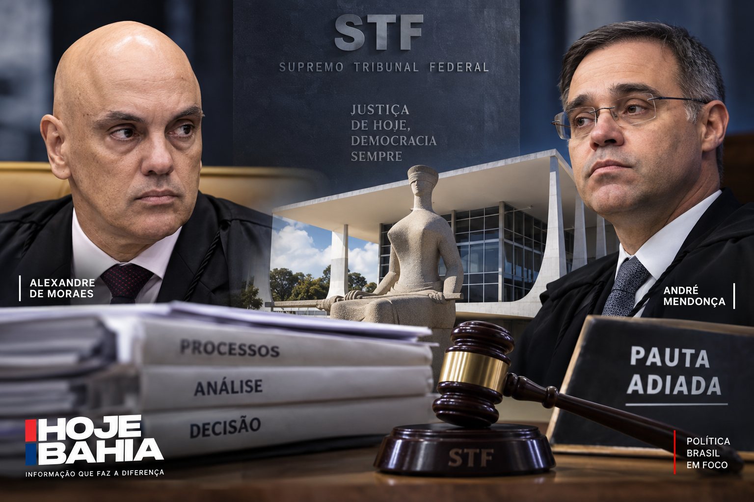 Montagem ilustrativa reúne os ministros Alexandre de Moraes e André Mendonça e elementos associados ao Supremo Tribunal Federal (STF). A Corte encerrou a sessão desta terça-feira (15) sem concluir a análise dos casos envolvendo os ministros, após pedido de vista de Flávio Dino.