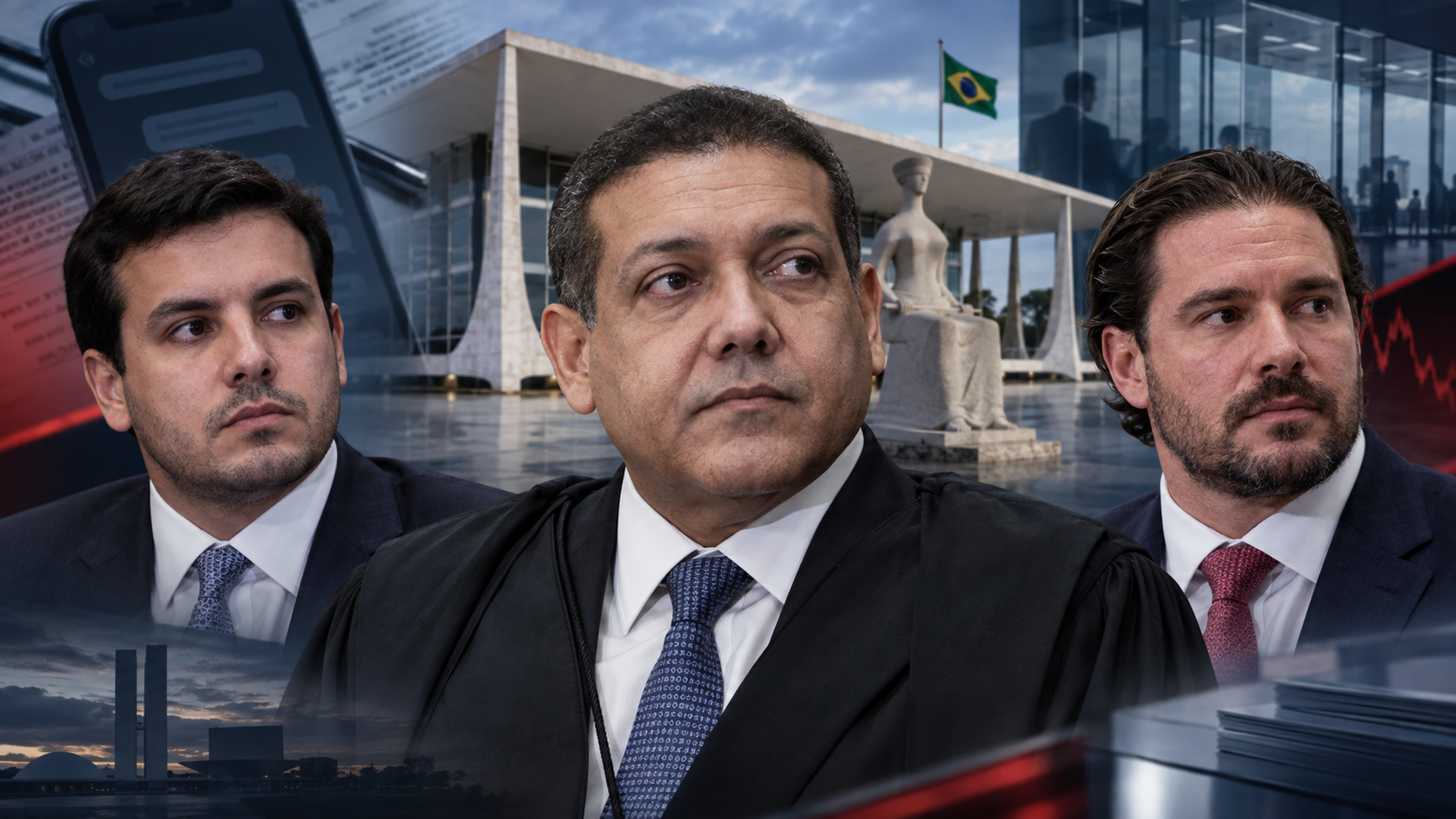 Montagem ilustrativa reúne Kevin Marques, o ministro do STF Kassio Nunes Marques e Daniel Vorcaro, ex-controlador do Banco Master, personagens citados nas mensagens e movimentações financeiras abordadas pela reportagem.