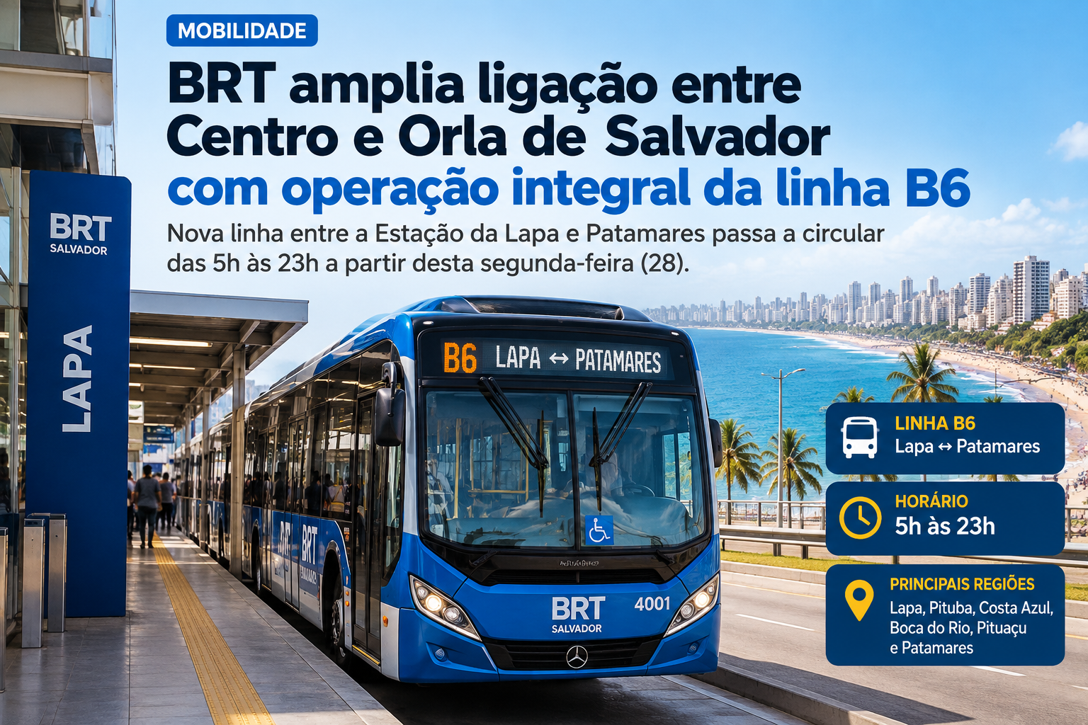 Nova linha B6 do BRT amplia a ligação entre a Estação da Lapa e Patamares e passa a operar em horário integral, das 5h às 23h, nesta segunda-feira (28).