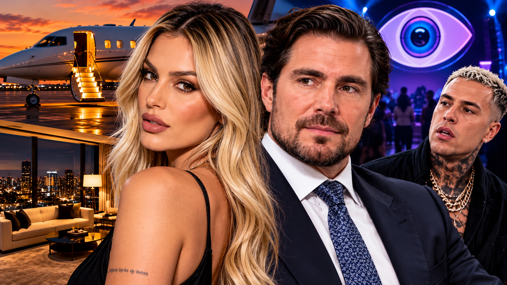 Montagem ilustrativa reúne Yasmin Brunet, Daniel Vorcaro e MC Daniel. Mensagens obtidas pela Polícia Federal revelaram proximidade entre a modelo e o ex-controlador do Banco Master, incluindo empréstimo de aeronave e apartamento, além da reação de Vorcaro à aproximação de Yasmin com o cantor.