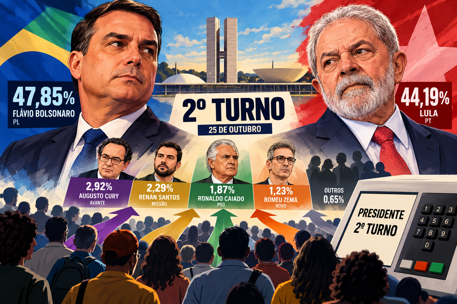 Flávio Bolsonaro e Lula avançam para o segundo turno da eleição presidencial. A disputa entra em nova fase, com os dois candidatos buscando conquistar os eleitores que votaram em outras candidaturas no primeiro turno.