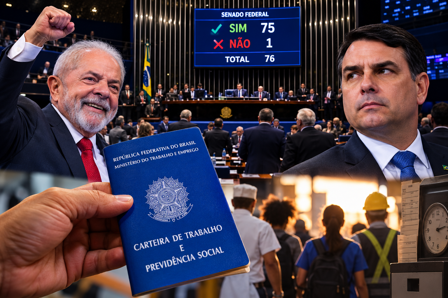 A aprovação do fim da escala 6x1 no Senado, por 75 votos a 1, abre uma disputa política entre Lula e Flávio Bolsonaro pelo protagonismo da mudança na jornada de trabalho. Enquanto o governo comemora a conquista, a oposição discute modelos alternativos de contratação para 2027.