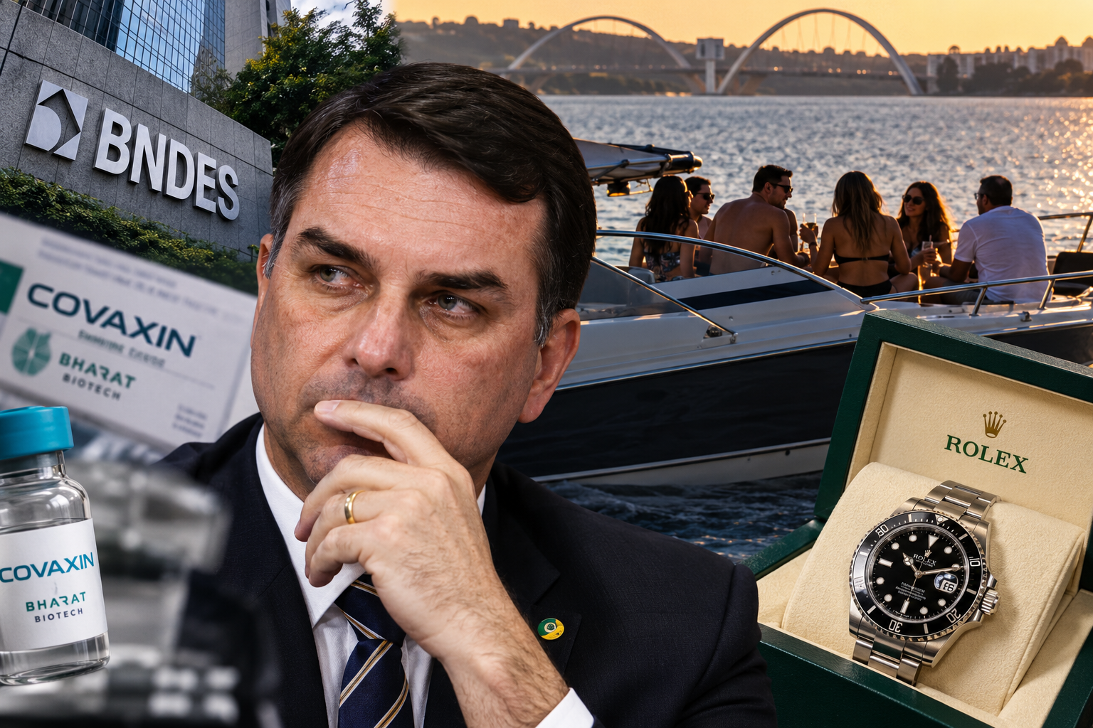 Montagem ilustrativa reúne Flávio Bolsonaro, a vacina Covaxin, um relógio de luxo e uma embarcação no Lago Paranoá, elementos citados na investigação publicada pela revista piauí.