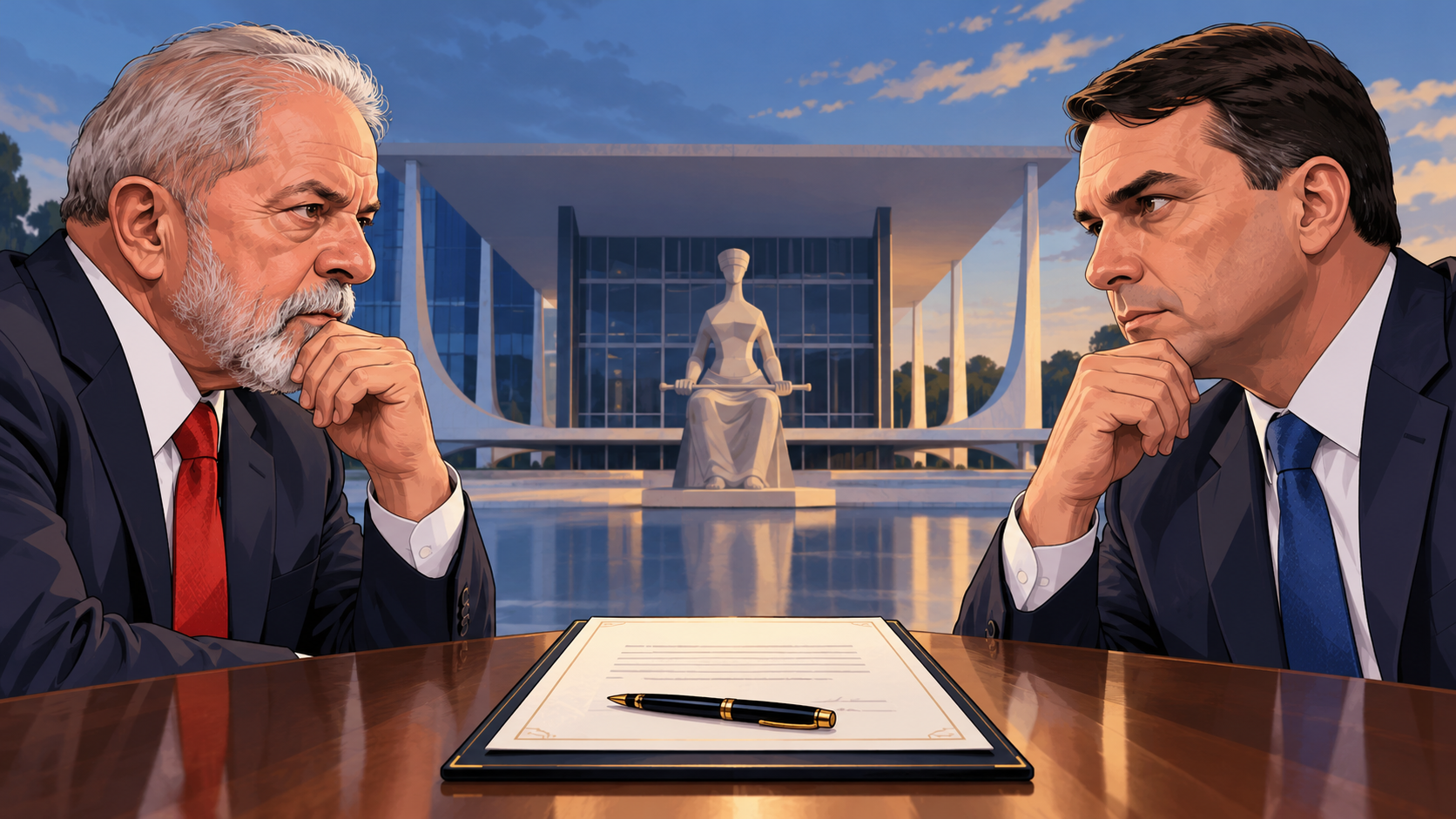 Montagem ilustrativa reúne Lula e Flávio Bolsonaro diante do Tribunal Superior Eleitoral (TSE), em referência ao acordo anunciado para abertura recíproca de sigilos bancários, fiscais e telefônicos. O entendimento envolve familiares, empresas e 19 exigências apresentadas pela defesa de Flávio. A divulgação efetiva dos dados depende de providências da Justiça Eleitoral.