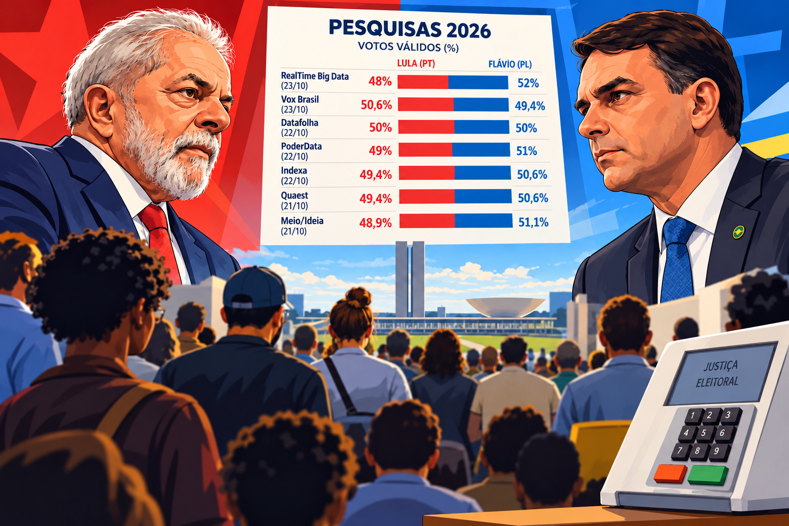 Reta final das eleições presidenciais de 2026: pesquisas divulgadas entre 21 e 23 de outubro apresentam diferentes percentuais de intenção de voto para Lula (PT) e Flávio Bolsonaro (PL). O Datafolha registra 50% a 50% nos votos válidos. As margens de erro e as diferenças metodológicas devem ser consideradas na comparação.