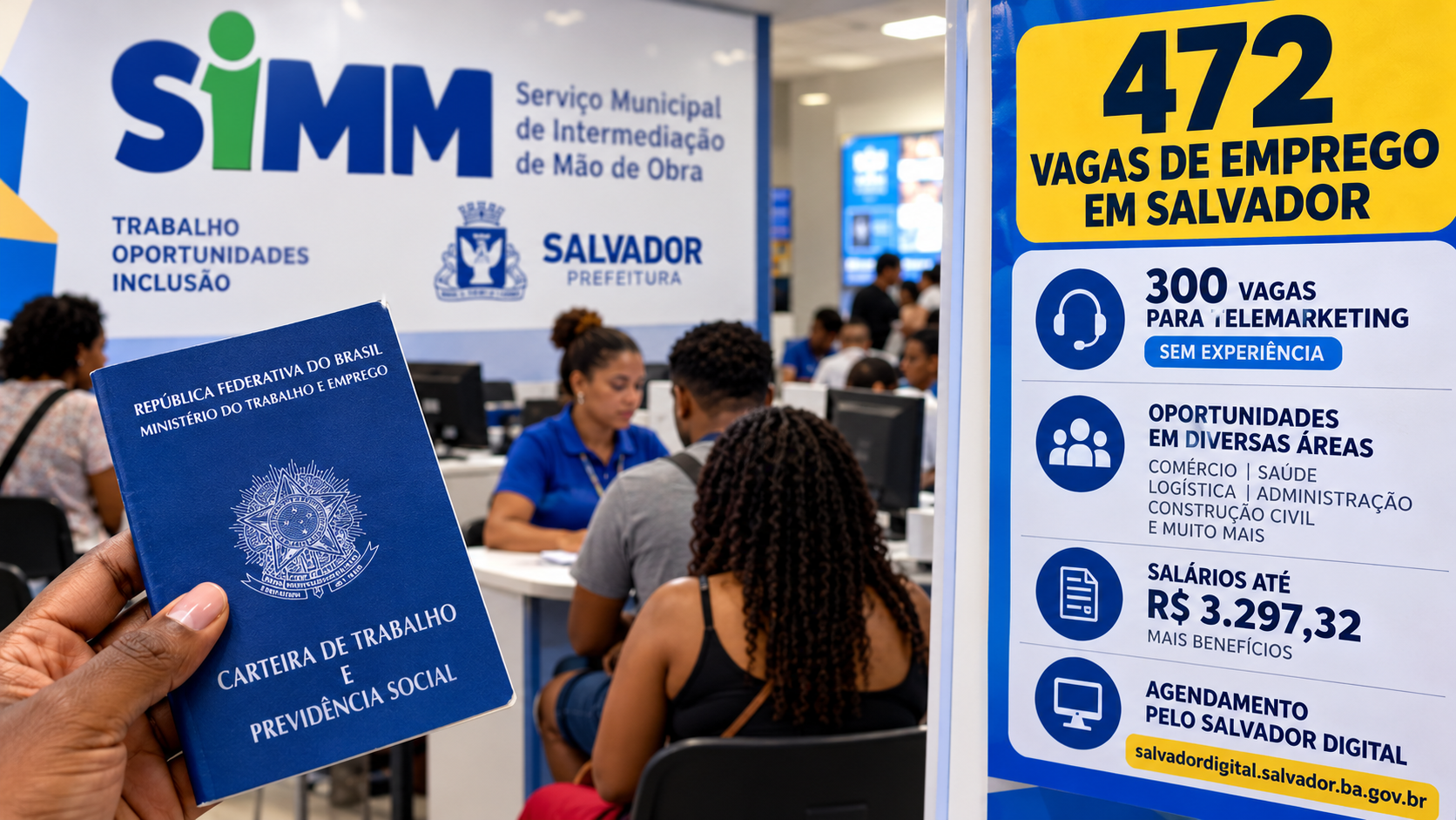 O Serviço Municipal de Intermediação de Mão de Obra (Simm) oferece 472 vagas de emprego em Salvador nesta sexta-feira (23). Desse total, 300 oportunidades são para telemarketing e não exigem experiência anterior. Há também vagas nas áreas de saúde, comércio, logística e administração, com salários anunciados de até R$ 3.297,32, além de benefícios. Os interessados devem agendar atendimento pelo Salvador Digital.