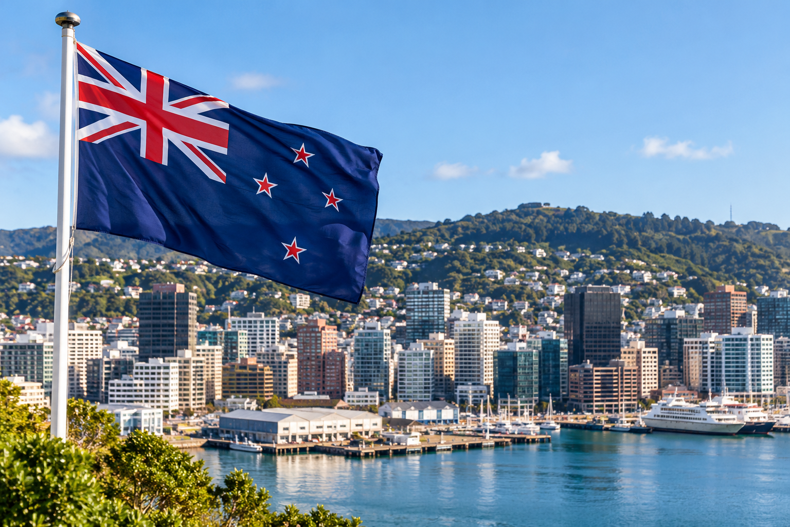 Bandeira da Nova Zelândia em destaque sobre a cidade de Wellington, onde brasileiros participaram do segundo turno das eleições presidenciais de 2026.